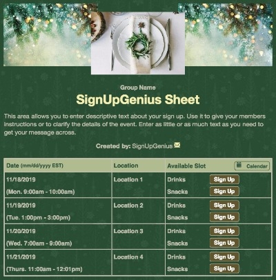 christmas holiday dinners party parties potlucks meal green sign up form