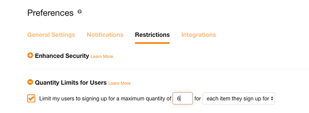 screenshot of the preferences area showing quantity limits for users