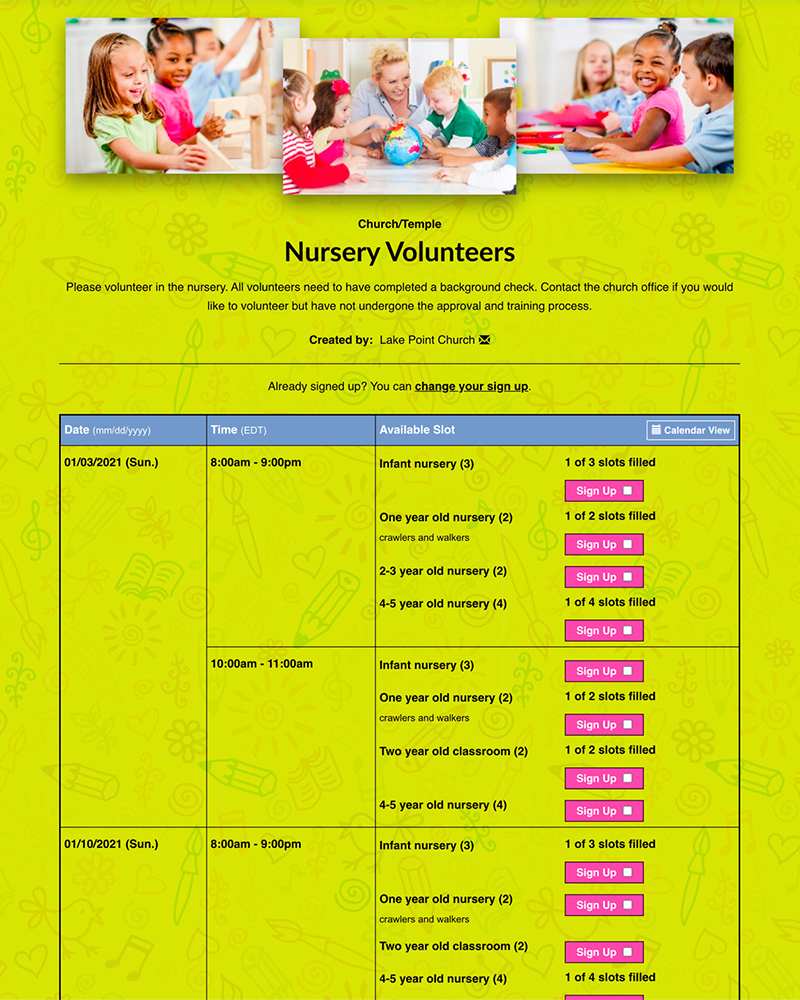 Recruit and schedule nursery volunteers